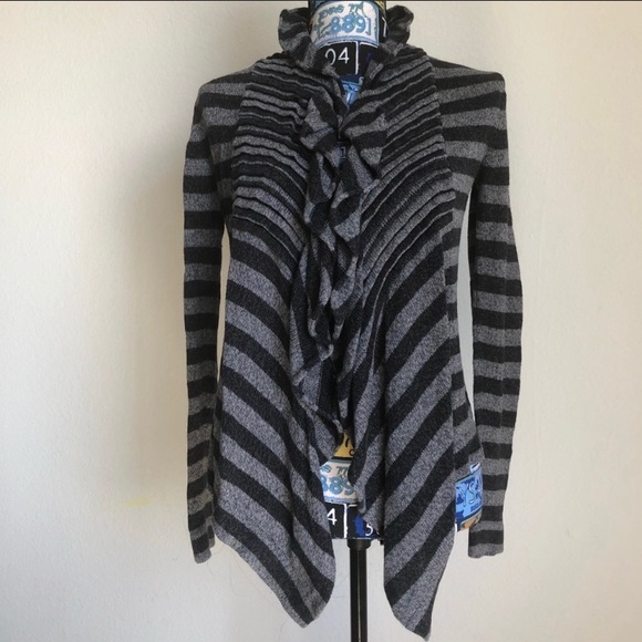 💜Lucy Cardigan Open Fr Striped Gray Black Ruffle